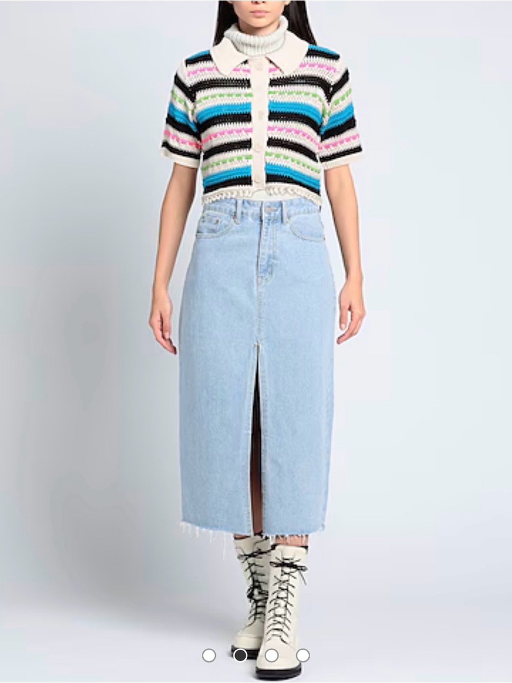 Sandro Crocheted Striped Button-Up Polo - Cream, Black & Bright Accents